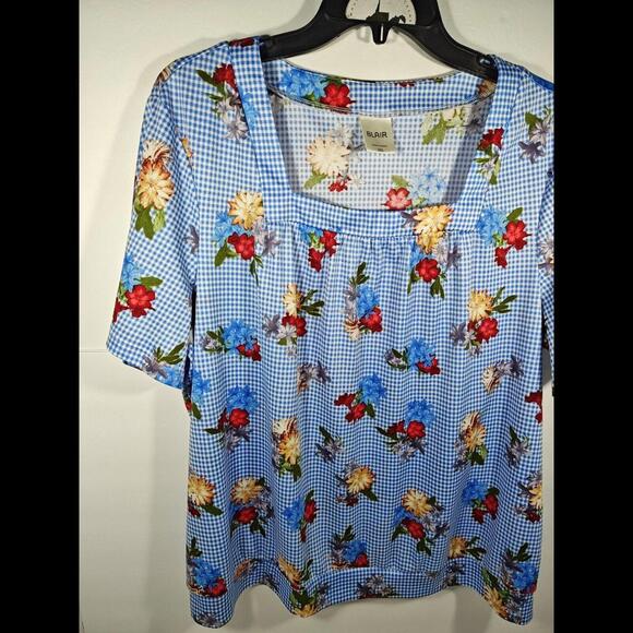 Blair 2XL Blue White Checked floral pullover top Square neck short Sleeve - Picture 2 of 10